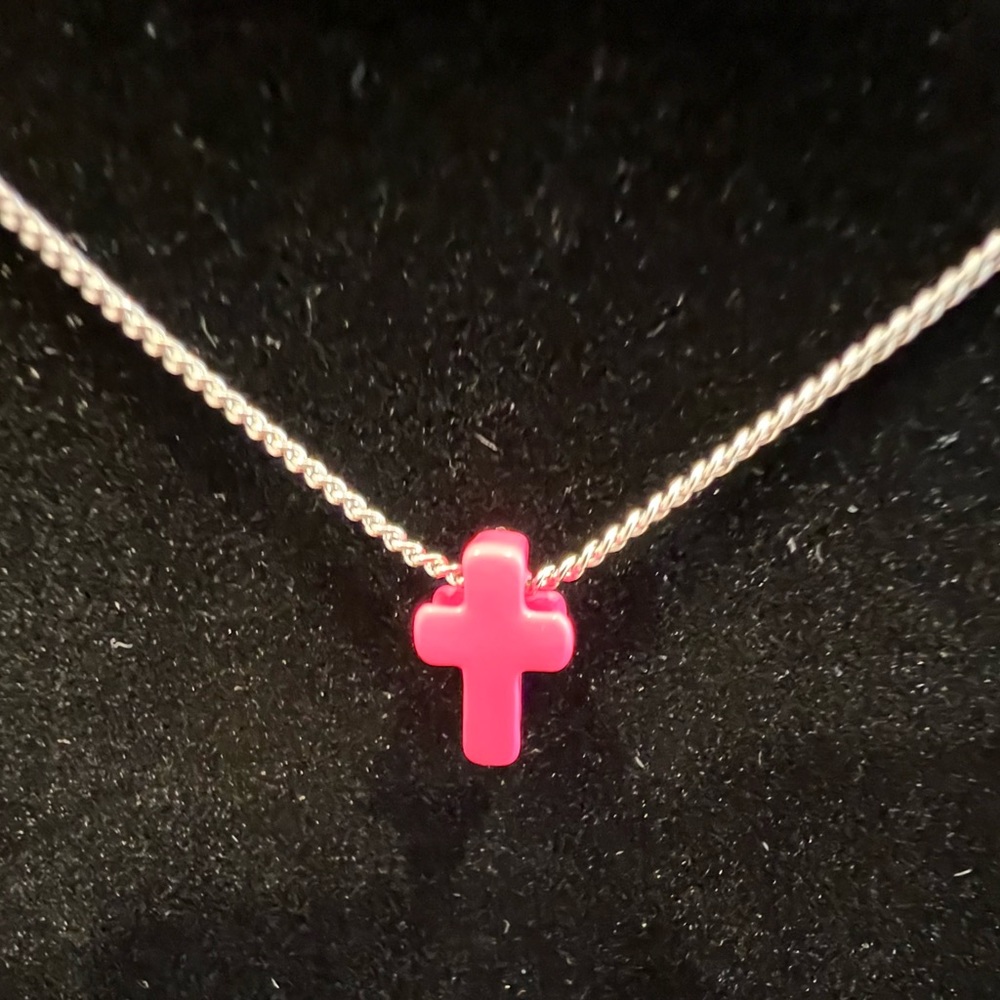 Small Pink Cross Kids on silver colored chain. women, teens, kids, boys